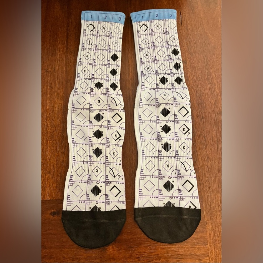 Brand New Baseball Patterned Crew Adult Lg Socks - Light Blue/Purple/Black